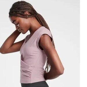 Athleta  Bayview Ribbed Flora Mauve Faux Wrap Cap Short Sleeve Stretch SzXL